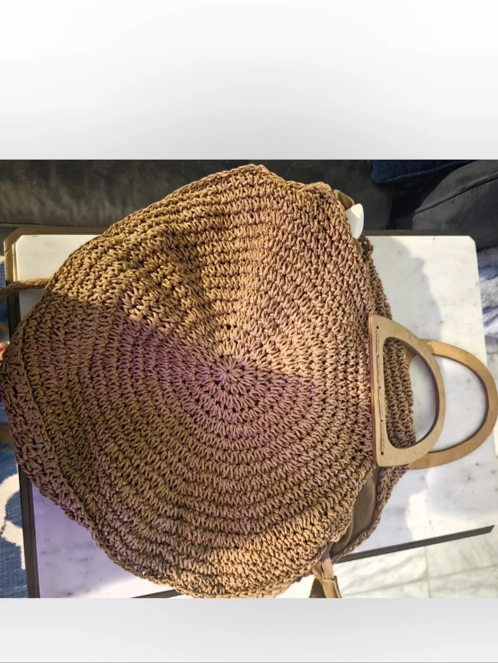 Woven Round Straw Tote Bag in Natural Brown